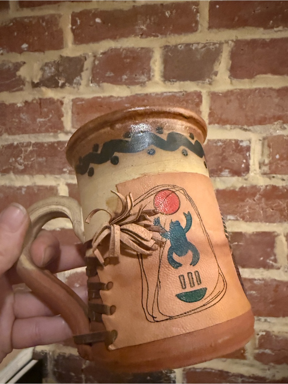 Handmade Egyptian Pottery Mug Leather Accents Ancient Egyptian Design